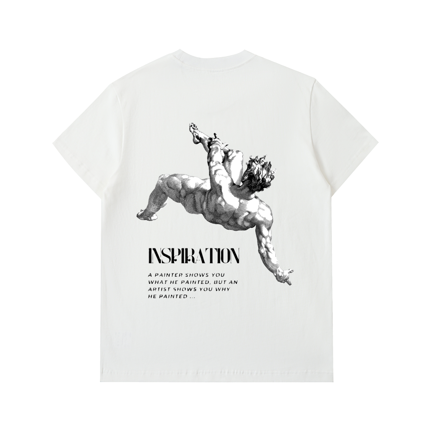 White t-shirt with black and white graphic of a classical statue and text on a white background